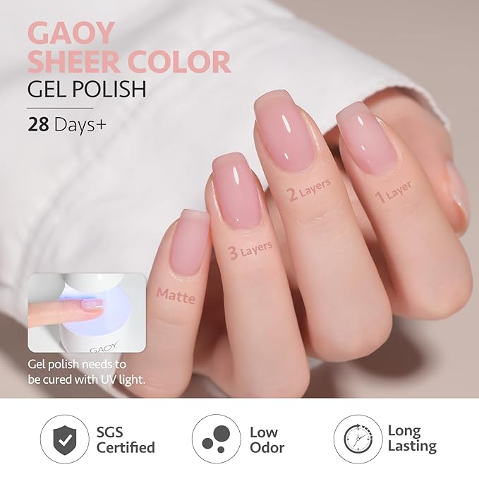 GAOY Jelly Nude Gel Nail Polish Set, 6 Transparent Milky White Pink Colors, UV Light Cure Gel Polish for Salon and Nail Art DIY at Home