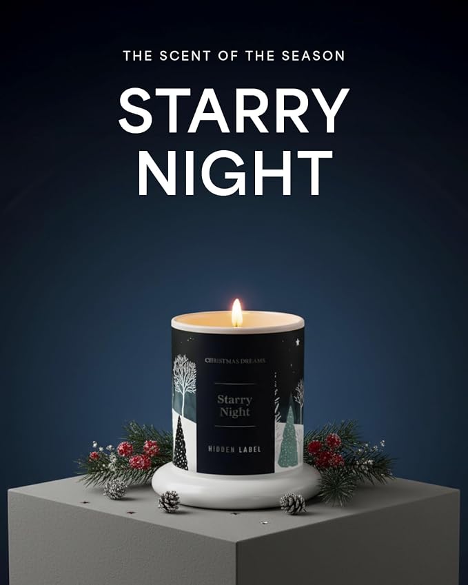 Hidden Label Starry Night Candle, 10oz Bell Jar, 60H Soy Wax | Lavender Amber Aromatherapy | Non Toxic Formula | Holiday Centerpiece Gift | Calming Sky Scent