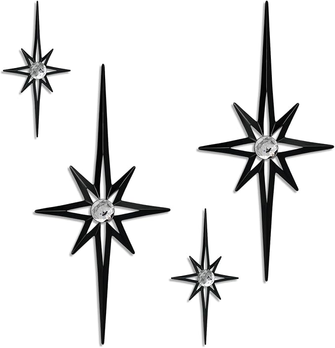 sxnzequnze 4 Pcs Star Wall Art for Home Decor Living Room Bedroom Office Metal 3D,Bling,with Hanging Hook Starburst Midcentury Sculpture Retro Gallery Accent Celestial -Black 16.5in/9.4in