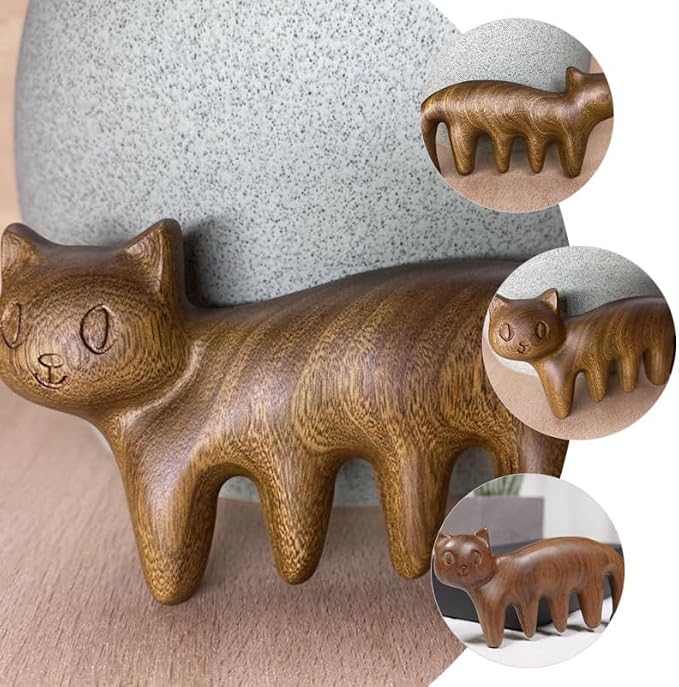 Ipetboom Wooden Scalp Massage Comb: 3.1In Cat Shape Sandalwood Head Wide Tooth Massager for Hair GuaSha, Hair Care, Relaxation & Blood Circulation
