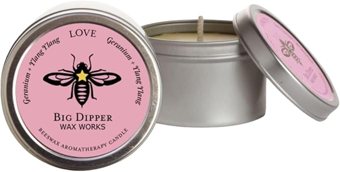 Big Dipper Wax Works Beeswax Aromatherapy Candle, Love, Small Tin, Geranium & Ylang Ylang Scented, 12-Hour Burn, Pure Essentail Oils, 1.5" x 1", Travel Size