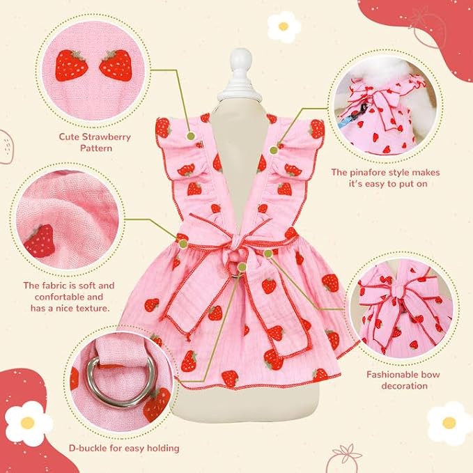 Dog Dresses for Small Dogs Girl Female Clothes Cat Clothes Cat Dress Cute Cotton Extra Summer Bow Decor Printed Strawberry Dog Birthday Outfit Small Puppy Clothes