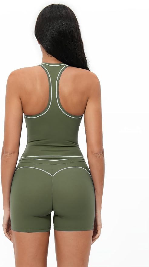 QBGJTD Two Piece Workout Sets for Women Color Block Racerback Tank Tops and High Waist Shorts Gym Yoga Outfits