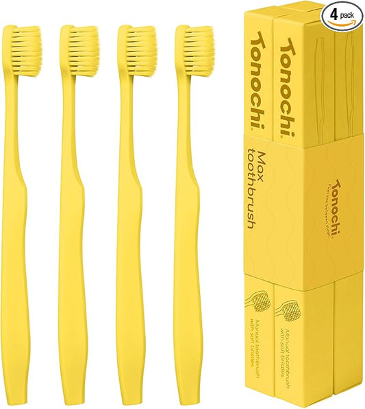 Tonochi Max Extra-Soft Toothbrush for Adults Sensitive Gums – Gentle Bristles, Wide Angled Head for Back Teeth, Ergonomic Non-Slip Grip, BPA-Free Handle, Individually Wrapped, 4-Pack (Yellow)