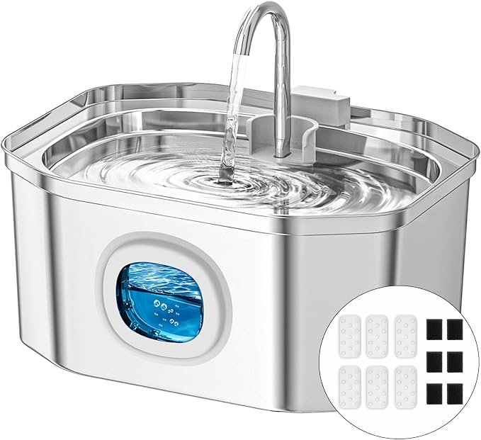 Cat Water Fountain, Apauk 108oz/3.2L Silent cat Water Fountain Stainless Steel, Cat Fountain, Automatic Pet Water Fountain,Dog Bowl, Controllable Blue Light - (6 Filters& 6 Sponges)