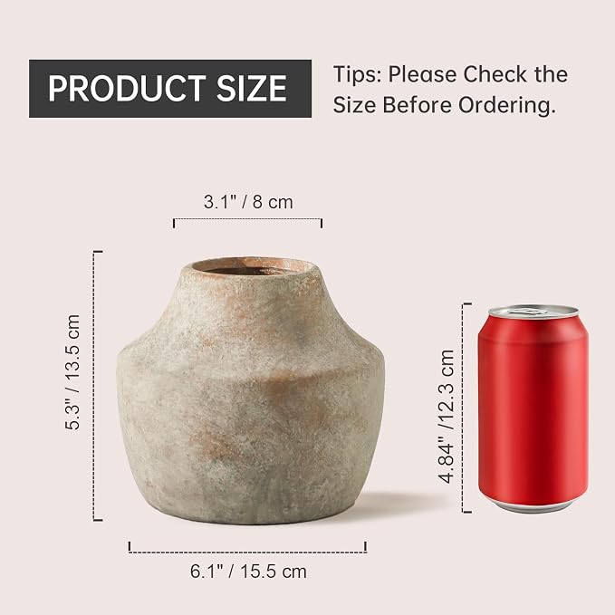 Mitt&Ditt Ceramic Flower Vase, 5.3 inch Pottery Farmhouse Rustic Vase, Handcrafted Weathered Vases, Small Flower Terracotta Vases for Home Decor, Living Room, Table, Shelf, Mantel, Neutral