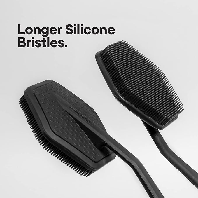 TOOLETRIES Silicone Back Scrubber - Exfoliating Shower Brush, Back Washer for Men, Durable Back Brush with Long Handle - Long Lasting Bath & Shower Accessories - Charcoal