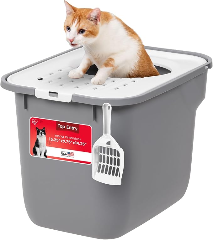 IRIS USA Large Top Entry Cat Litter Box with Lid, Enclosed Covered Cat Litter Box for Indoor Cats, Dog Proof Design, Odor Control, Litter Tracking Reduction, Scoop Included, Gray/White