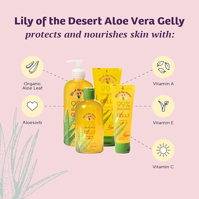 Lily Of The Desert Gelly Moisturizer - 99% Organic Aloe Vera Gel for Skin, After Sun Care with Aloe, Vitamin E Oil, and Vitamin C for Sunburn Relief, 16 Fl Oz