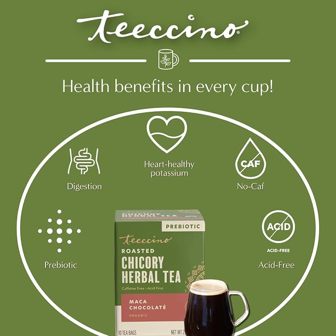 Teeccino Herbal Tea – Maca Chocolaté – 10 Tea Bags - Adaptogenic Peruvian Maca, Cacao, Chicory, Prebiotic, Caffeine Free, Acid Free, Coffee Alternative, (Pack of 4)