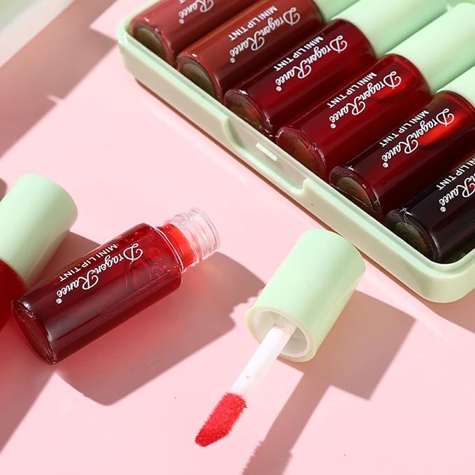 Eakroo 6 Colors Lip Tint Stain Set, Korean Lip Tint Mini Liquid Lipstick for Women, Lip gloss for Girls, Cute Stuff, Blush for Cheeks, Long Lasting, Non-Stick Cup, High Pigment