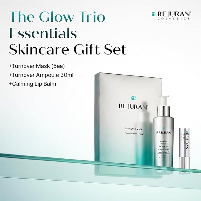 REJURAN® The Glow Trio Essentials Korean Skincare Gift Set – Turnover Ampoule Serum, Turnover Sheet Mask & Calming Lip Balm with c-PDRN®, Hydrating & Soothing Care for Radiant-Looking Skin