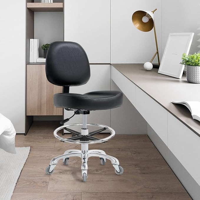 Drafting Chair Tall Office Chair for Standing Desk - Shop Stool with Backrest, Esthetician Drafting Stool with Wheels,Counter Height Chair for Studio, Workbench (Black, with Foot Rest)