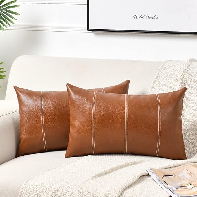 Fancy Homi Brown Boho Long Lumbar Faux Leather Decorative Throw Pillow Covers 12x24 Inch for Living Room Couch Bed Sofa, Hand Stitched Rectangle Cushion Case, Rustic Modern Farmhouse Home Decor