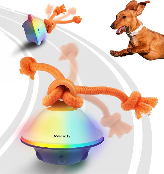 Xeuch Smart Interactive Dog Toys, Automatic Moving and Rolling Dogs Ball with Rope, Motion-Activated Squeaky Ball for Small Medium Dogs for Boredom, RGB Lights, Stimulating Sound, Voice Recording