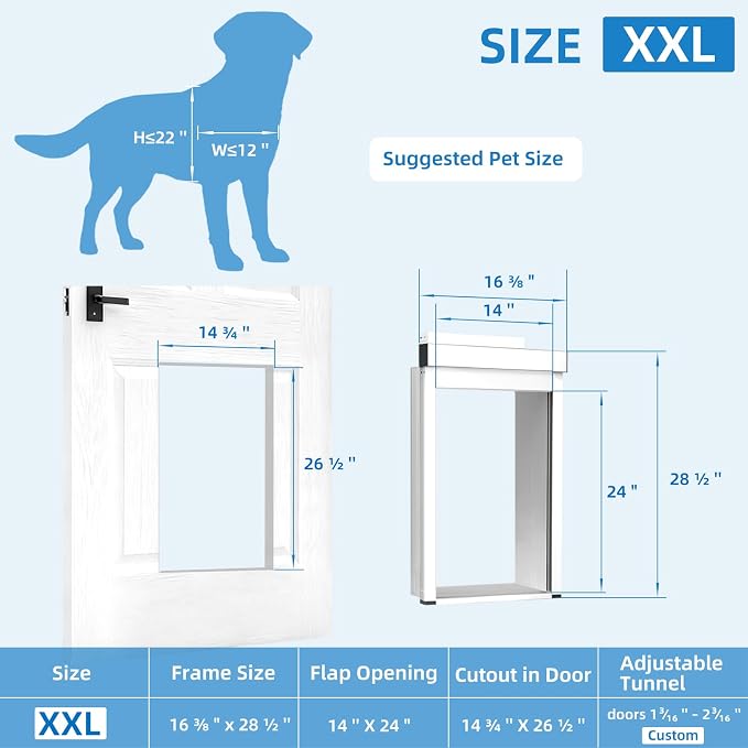 Automatic Dog Door with Doorbell Activation, 2-Flap Electronic Smart Pet Door with Anti-Pinch, No Collar Needed, Aluminum Lockable Weatherproof Telescoping Tunnel for Pets (Extra Large, Door Mount) | 4 Modes,Electronic Pet Door with Anti-Pinch, Aluminu...