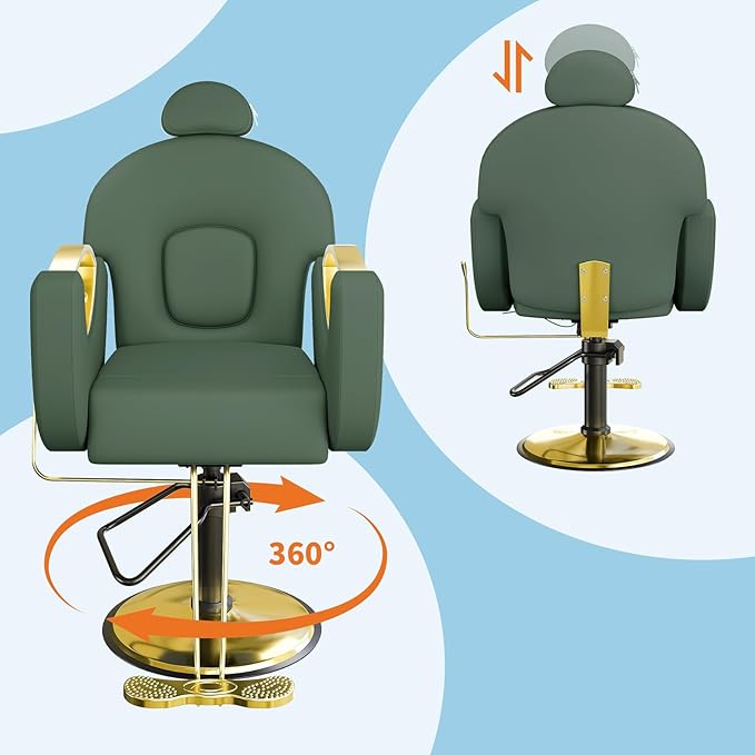 Barber Salon Chair, Reclining Salon Chair with Heavy Duty Hydraulic Pump, 360° Swivel and Height Adjustable, 330 LBS Capacity Spa Beauty Equipment Hairdresser Armchair for Barbershop- Green & Gold
