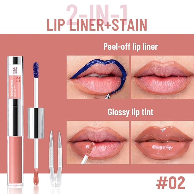 2-in-1 Nude Pink Lip Stain Peel Off & Hydrating Plumping Lip Oil with Tweezer, of Women Long Lasting Waterproof Peel Off Lip liner Tattoo, Highly Pigmented for All Skin Types 02#