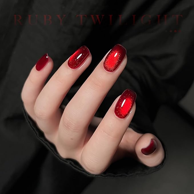 GAOY Red Cat Eye Gel Nail Polish, 16ml Glitter Holographic Nail Polish with Magnet, Reflective Translucent UV Gel, 2907 Ruby Twilight