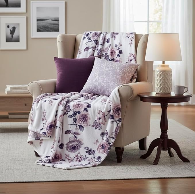 Decorative Floral Fleece Throw Blanket: Velvety Soft Plush Rose Flower Accent for Couch or Bed, Blush Pink Purple Navy Blue Grey on White, Oversized 50" x 70" Inches