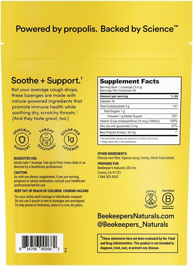 Beekeeper's Naturals Soothing Honey Cough Drops - Immune Support with Vitamin D, Zinc and Propolis Throat Soothing Lozenges, 24 Ct