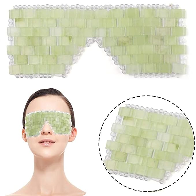 Natural Jade Eye Cover, 100% Jade Stone Lined with Beads Eye Massage Tool Anti-Aging Hot or Cold Therapy Eye Mask for Eliminate Wrinkles, Puffiness, and Irritation