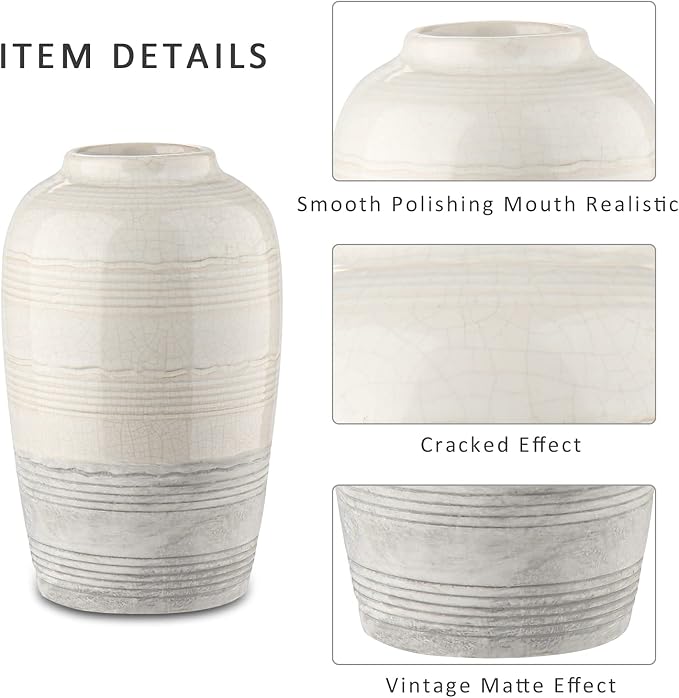 Ceramic Rustic Farmhouse Vase for Home Decor 9 inch Decorative Boho White Pottery Flower Vase for Centerpiece Living Room Bedroom Kitchen Bathroom Dining Table Mantel Shelf Decor