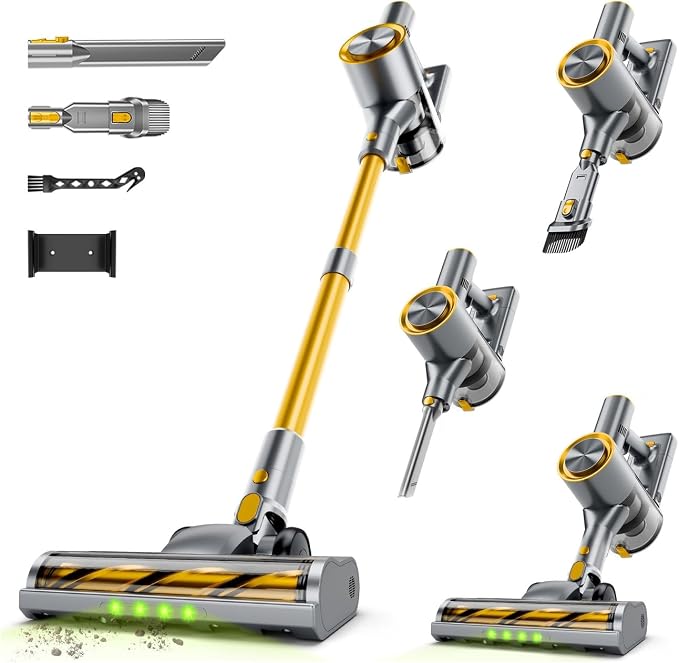 Cordless Stick Vacuum Cleaner - Rechargeable,45Kpa Powerful Suction Vacuum for Home,45Mins Runtime,Detachable Battery,Anti-Tangle, 8 in 1 Lightweight Vacuum for Pet Hair Carpet Hardwood, Yellow