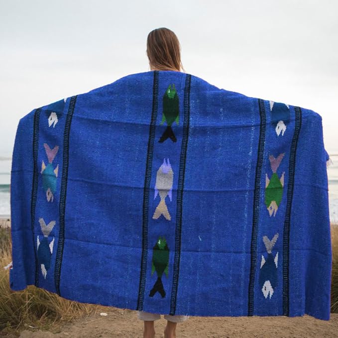 Thick Mexican Yoga Blanket - Serape Fish Design - Handmade (Blue)