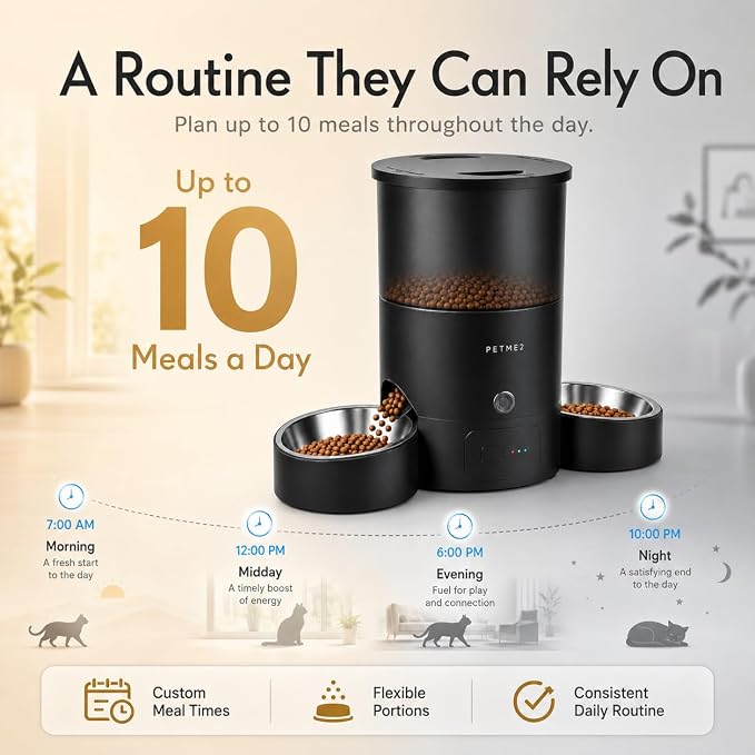 3L Cat Treat Dispenser with Dual Stainless Steel Cat Bowls - Quiet Automatic Cat Feeder for 2 Cats with App Control, 2 Way Audio, Dual Power Options, Self-Feeding Cat Food Dispenser - Black
