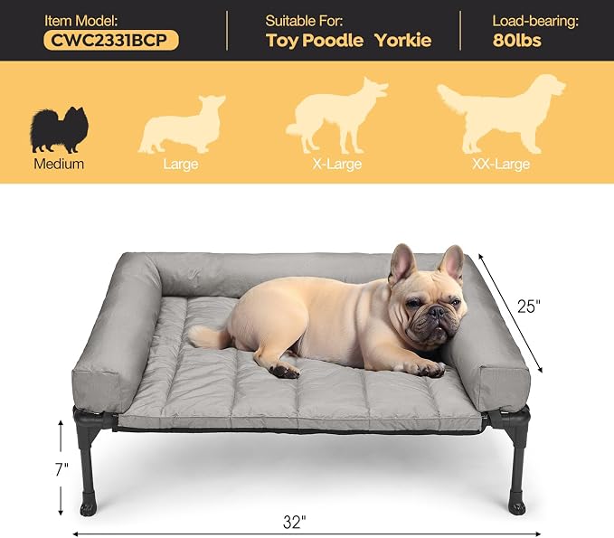 Veehoo Outdoor Elevated Dog Bed with Waterproof Bolster Cushion, Cooling | Raised Dog Bed with Removable & Washable Mat Topper, Breathable Mesh, Dog Couch Cot for Indoor Outdoor, 32", Medium, Grey
