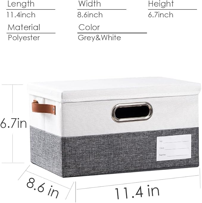 Storage Bins with Lids [3-Pack] Linen Fabric Foldable Storage Boxes Organizer Containers Baskets Cube with Cover for Bedroom Closet Office Grey&White（11.4X8.6X6.7