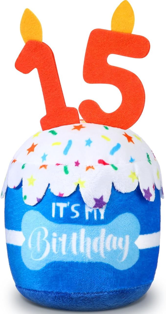 Dansydaisy Dog Birthday Cake Toy Squeaky Plush Gift,15th,Blue