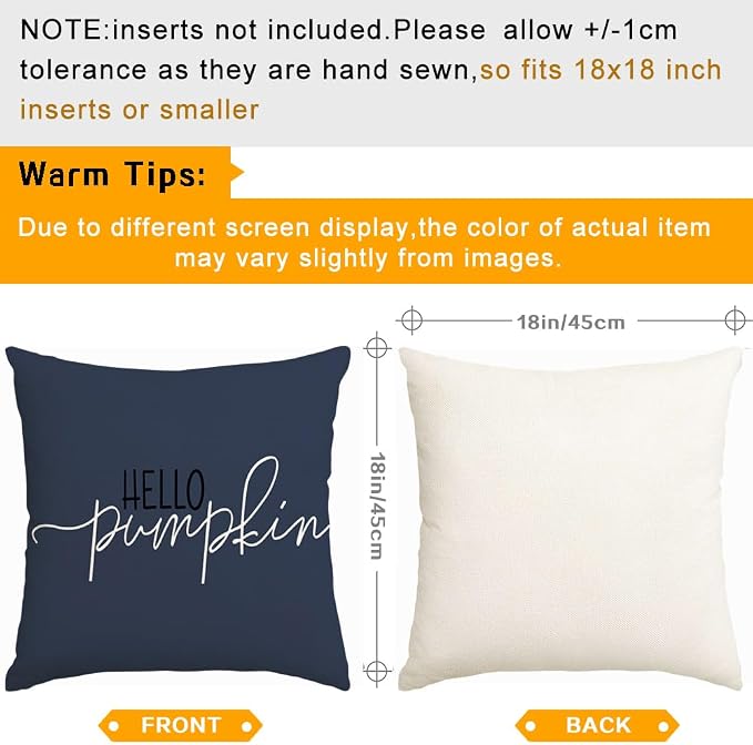 RABUSOFA Fall Pillow Covers 18x18 Inch Dark Blue Thanksgiving Autumn Hello Pumpkin Quote Harvest Outdoor Throw Cushion Cases Seasonal Fall Decorations for Home Couch