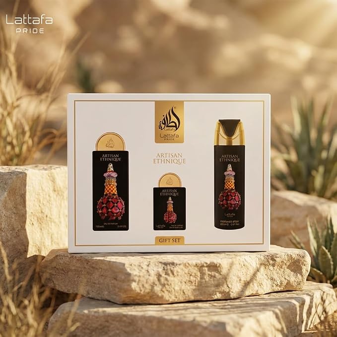 Lattafa Pride Artisan Ethnique – Spicy, Gourmand, Sweet, Ambery – 3-Piece Gift Set for Unisex (3.4 Oz Eau de Parfum Spray + 0.65 Oz Eau de Parfum Spray + 6.67 Oz Deodorant Spray)
