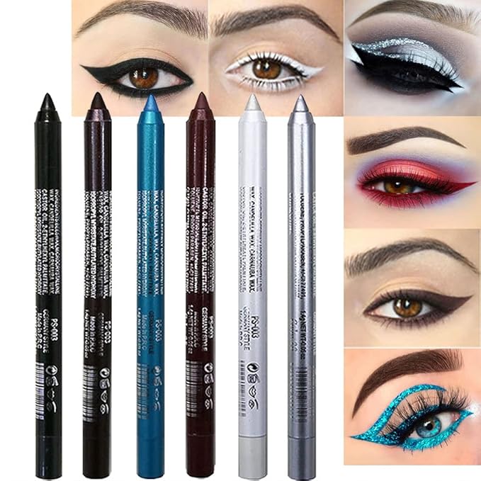 evpct 6Pcs White Glitter Eyeliner Pencils Set delineadores de colores para ojos lapiz negro a prueba de agua Black Silver Blue Red Brown Metallic Colorful Liquid Eye Liners Waterproof
