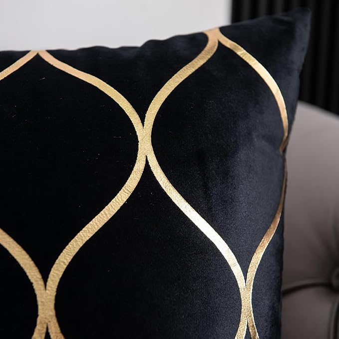 16x16 Inch Gold Velvet Throw Pillow Covers: 2 Pack Square Decorative Pillow Cases for Bedroom Sofa Couch Living Room, Black