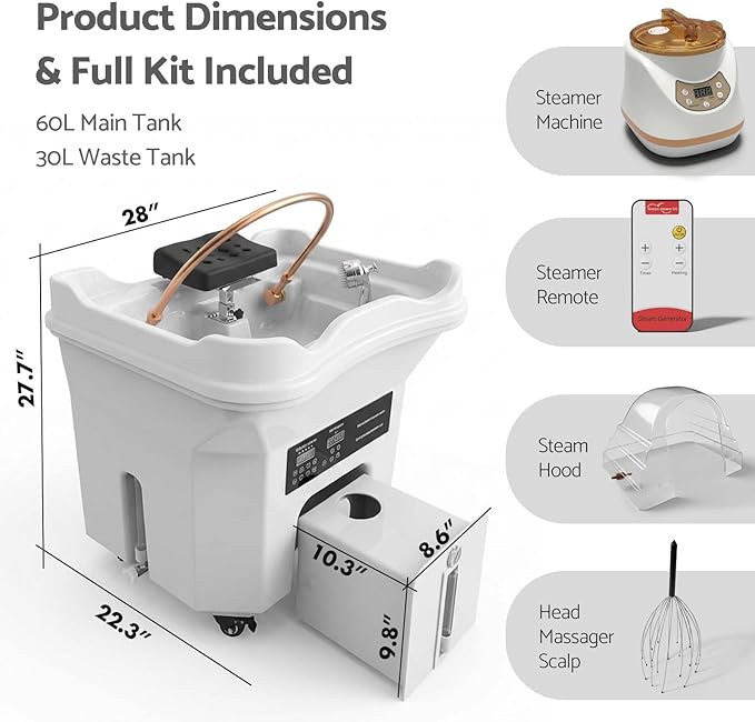 Head Spa Equipment with Thermostatic Waterfall Circulation, 60L Water Storage and 30L Wastewater Tanks, Mobile Shampoo Bowl with Fumigation & LED Therapy for Spa Bed Salon Scalp Care, White