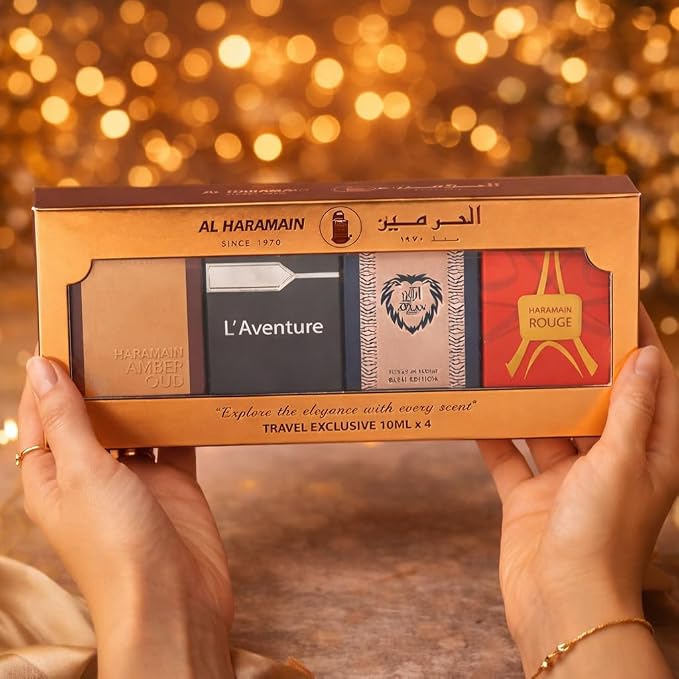 Al Haramain Fragrance Discovery Set for Men & Women – 4×10ml Each, (Amber Oud Gold Edition + L'aventure + Azlan Oud Amber Edition + Blanche)