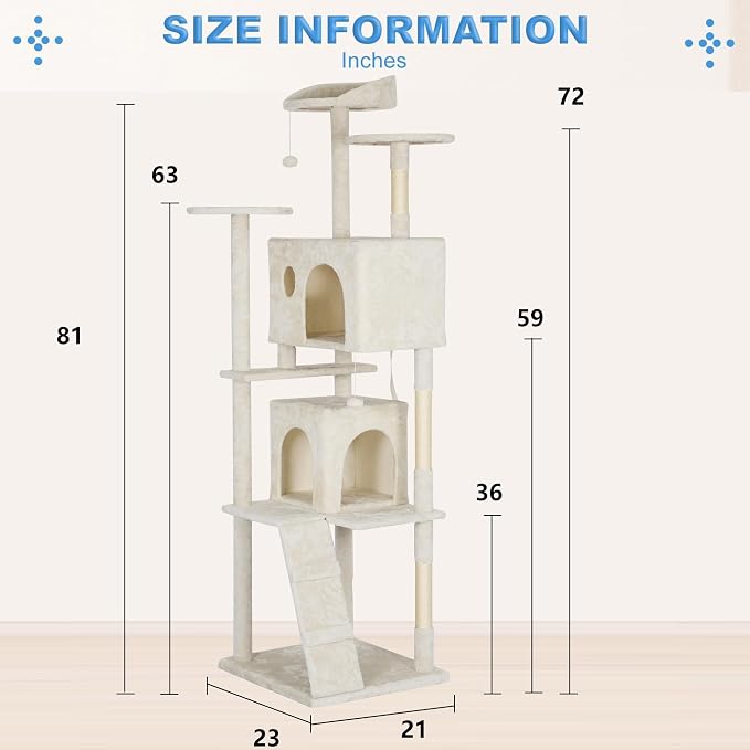 FDW | 81" Cat Tree Tower | Beige | Multi-Level Indoor Activity Center with Sisal Scratching Posts, Condos, Plush Perches, Hanging Cat Toys | Sturdy, Easy to Assemble | for Kittens & Adult Cats