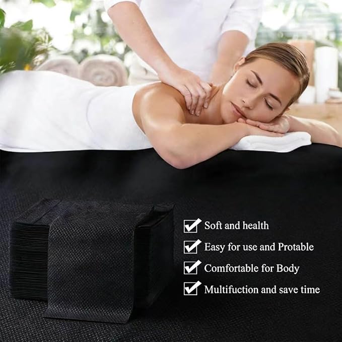 50Pcs Disposable Bed Sheets 31.5"x71" Coated Non-Woven Massage Table Sheets, Waterproof & Oil-Proof, Hygienic & Comfortable for Massage, Tattoo, Beauty, Spa, Breathable & Durable (Black)