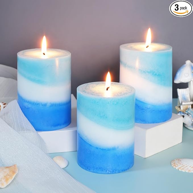 Crystal Club Ocean Scented Pillar Candles Set of 3, 3x4 Inch Blue Coastal Candles, Long Burning 40+ Hours, Smokeless & Dripless, Beach Home Decor for Living Room Bathroom Gift