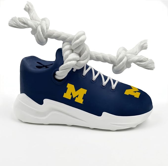 NCAA Michigan Wolverines Cleat Sneaker Spike Dog Toy, Treat Dispenser Chew Toy for Dogs, Interactive Rope Tug Toy, Slow Feeder Natural Rubber Dog Toy with Official Team Logo for Puppies & Adult Dogs