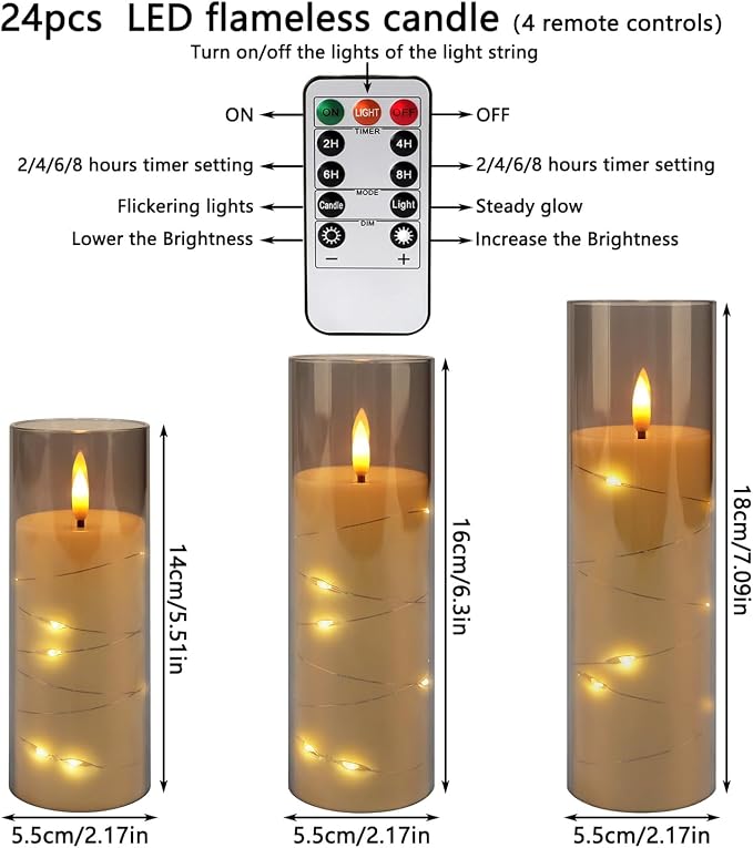 24-Pack Gray Flameless Candles with Remote, Battery Powered LED Candles with Embedded Star String Lights & Realistic Flickering Flame, Timer for Christmas Home Wedding Fireplace Mantle Decor