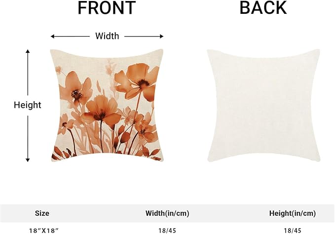Spring Floral Pillow Covers 18x18 Inches Set of 2,Orange Floral Throw Pillow Covers Outdoor Summer Flower Decoration Pillowcase Farmhouse Decorative Square Linen Cushion Cover for Couch Sofa