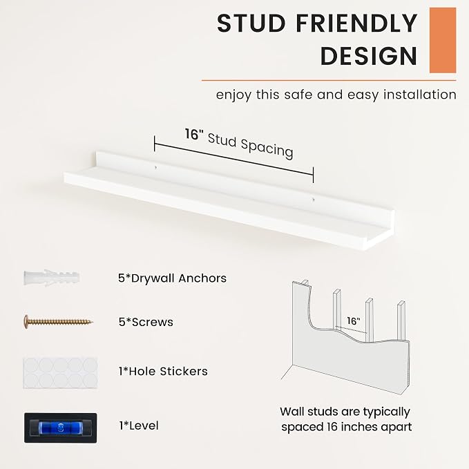 Picture Ledge Shelf, Floating Shelves for Wall, 30" W Set of 2, White | FSC Certified Engineered Wood, Wall Mounted Bookshelf, for Nursery Living Room Bedroom, Pre-Drilled, Easy Install
