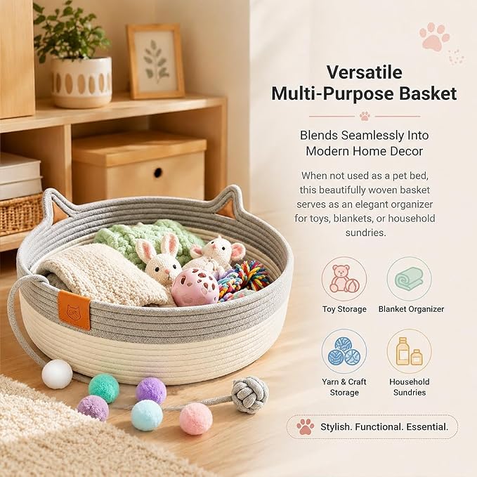 Instinct Basket for Cats,Cat Basket Bed with Cushion & Hanging Ball Toy,Handwoven Cotton Rope Cat Basket (Green,M(up to 17Lb))