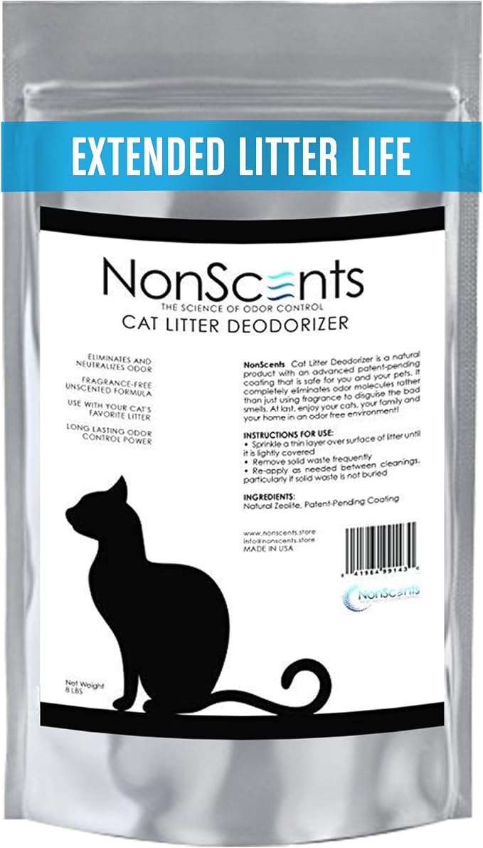 Nonscents Cat litter Deodorizer - Odor Eliminator - 8 Pound Bag | Extends Litter Lifespan, Reduces scooping, Fragrance-free, Unscented, Odor Neutralization, Long-lasting, Non-toxic