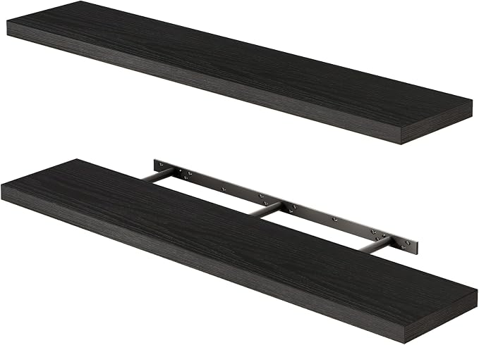 Fixwal Floating Wall Shelves for Decor (Black, Set of 2, 47.2Inch) | MDF Shelf with Metal Brackets, Space Saving for Books , Decor, Fits Bathroom, Kitchen, Bedroom, or Office