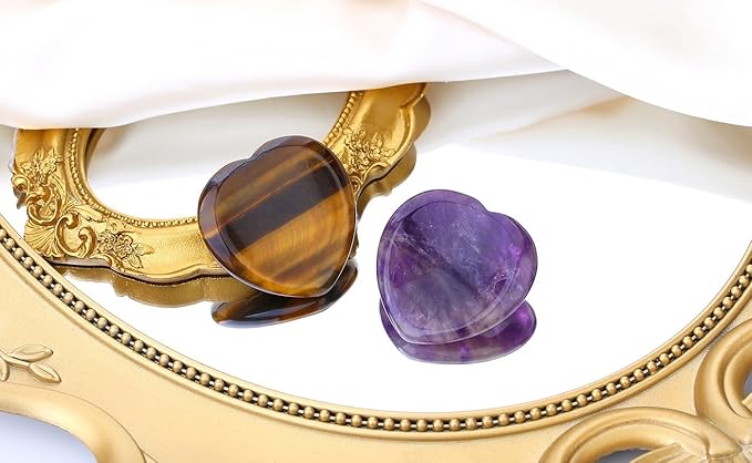 QINJIEJIE 2PCS Worry Stones for Anxiety Amethyst Tiger Eye Crystals Thumb Heart Shaped Quartz Crystal Palm Polished Gemstone Pocket Massage Natural Gem Reiki Meditation Stress Relief Gift for Women